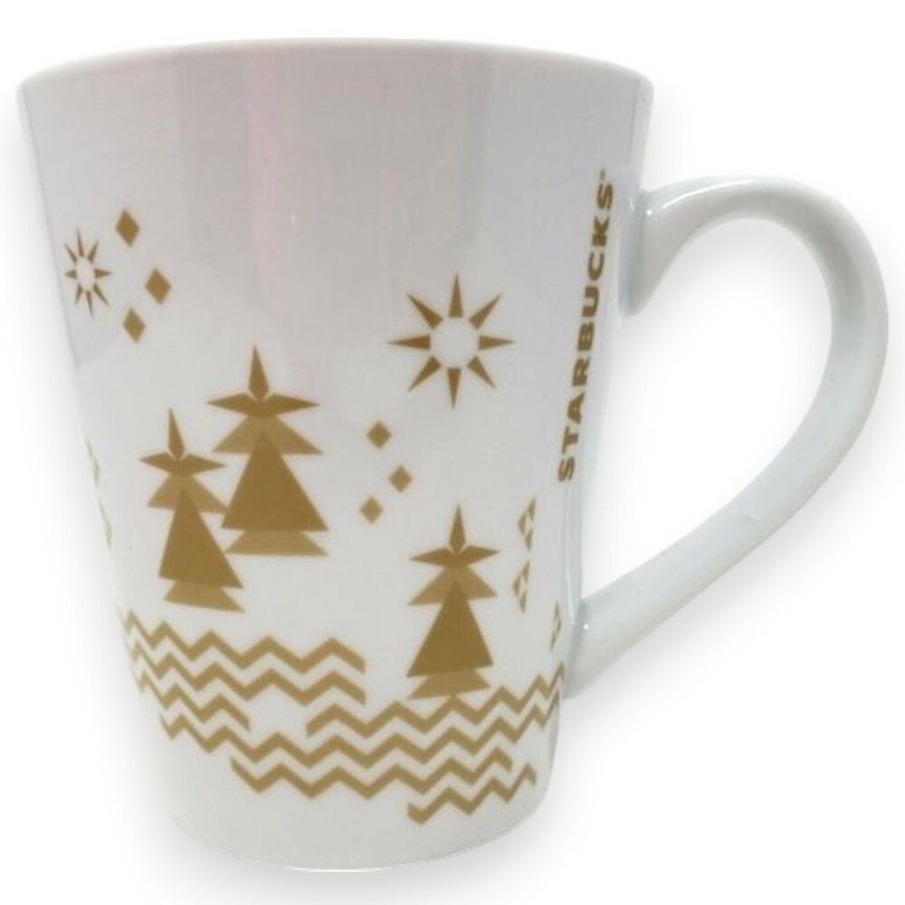 Starbucks Coffee Mug 2013 Christmas Gold and White Christmas Trees 14-oz.